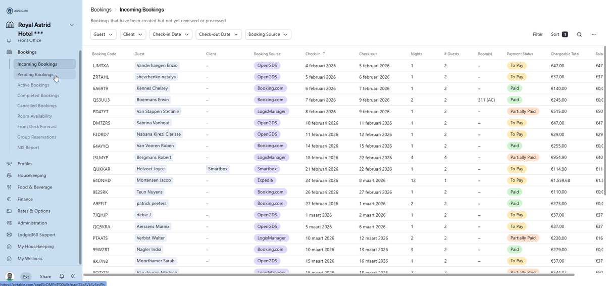 Incoming Bookings – LODGIC360 PMS software